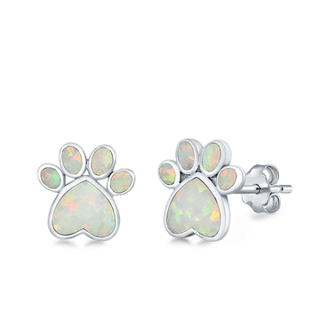 Paw Prints Stud Earrings Lab Created White Opal 925 Sterling Silver (10mm)